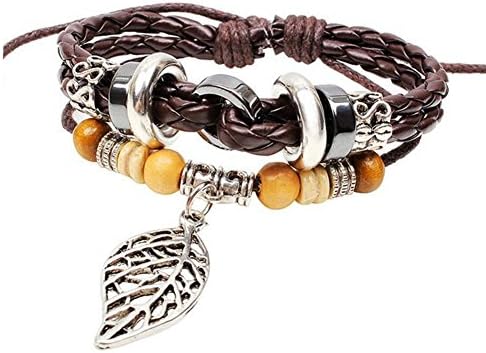 Melodyep Bohemian Beaded Wooden Beads Braided Leather Bracelet Alloy Maple
