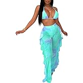 Women 2 Piece Outfits Bikini Swimsuit - Sexy See Through Mesh Crop Top Ruffle Long Pant Jumpsuits Beach Cover Up