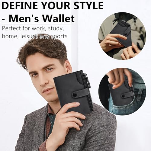 HNOOM Men's RFID Blocking Wallet PU Leather Wallet with 17 Card Holders, Vertical Wallet for Men with Zipped Coin Purse (Black)