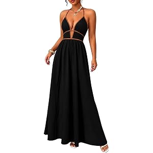 Women's Summer Sleeveless Striped Smocked Flowy Swing Maxi Halter V Neck A Line Casual Long Beach Vacation Dresses