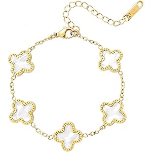 SHUNLCD 18K Gold Plated Clover Lucky Bracelet for Women, White/Black Trendy Flower Four Leaf Link Bracelets, Christmas Valent