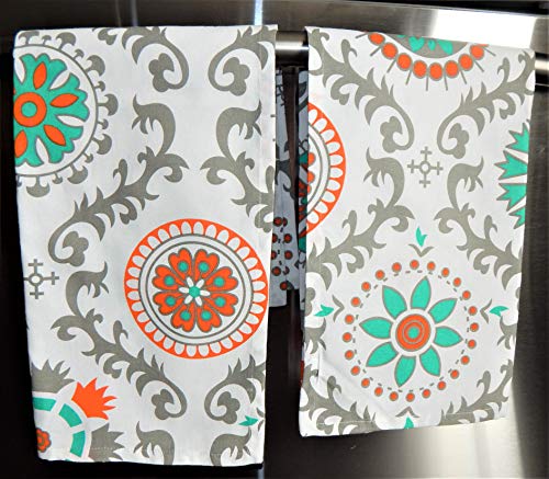 Crabtree Collection Premium Quality Set of 2 Kitchen Dish Towels 100% Cotton Absorbent Tea Towels - Classy Teal Medallion Design - Ideal 18 x 28 Dimensions … - Thumbnail 2