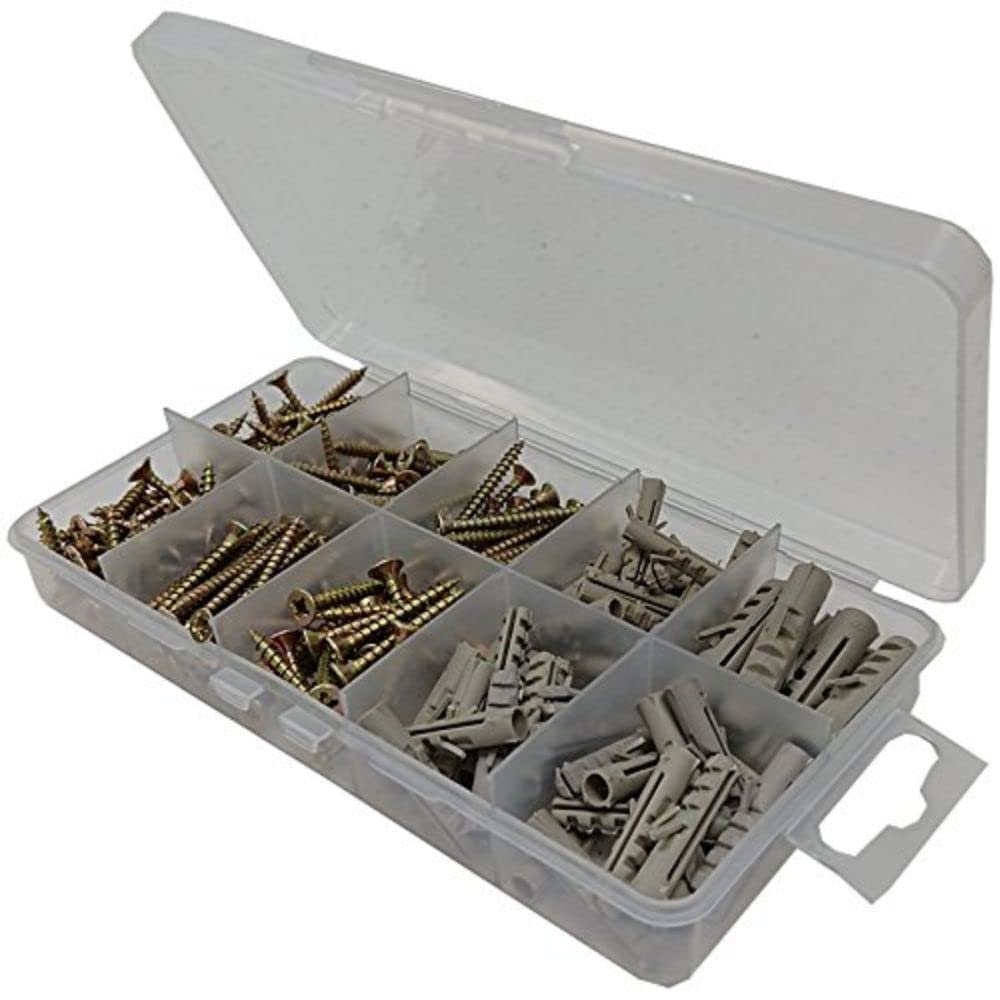 Merriway BH06584 (260 Pcs) Assortment of Yellow Single Thread Double CSK Woodscrews in a 10 Compartment Carry Case - Pack of 260 Pieces