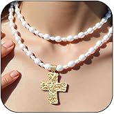 Chunky Pearl Hammered Cross Necklace Vintage Big Pearl Necklace with Large Bold Silver Gold Cross Pendant Necklaces Jewelry for Women