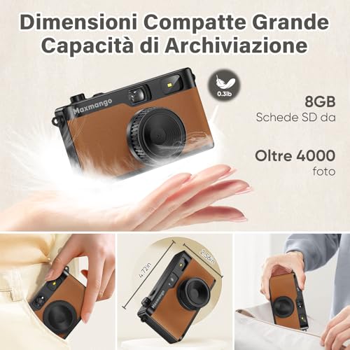 Maxmango D53 Compact Digital Camera Without Screen, Vintage Retro Camera 12 MP Capture Real Moments, Downloadable DIY Filters, USB-C, 8 GB SD Card Included, Up to 4000 Photos (Brown)