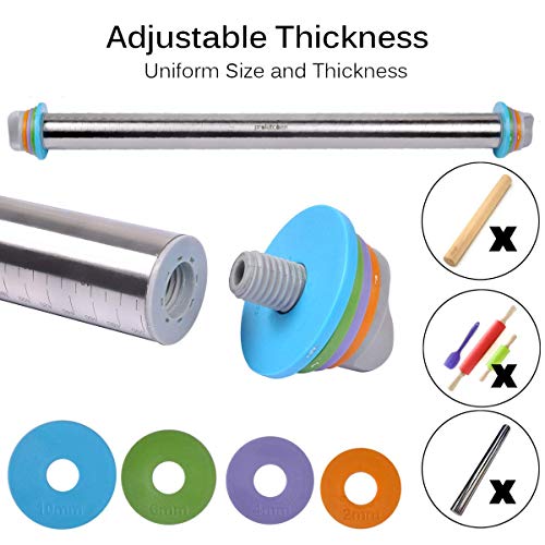 PROKITCHEN Adjustable Rolling Pin Dough Roller with Silicone Baking Pastry Mat, Stainless Steel Rolling Pins with Removable Thickness Rings Guides Spacers (Renewed)