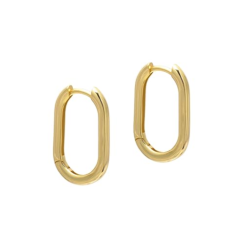 1 Inch Chunky Oval Hoop Huggie Earrings Sterling Silver Earrings for Women, Yellow Gold Plated