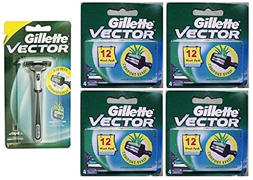 Vector Plus Razor Handle + Vector Plus Refill RazorBlades 4 ct. (Pack of 4) + FREE Travel Toothbrush, Color May Vary