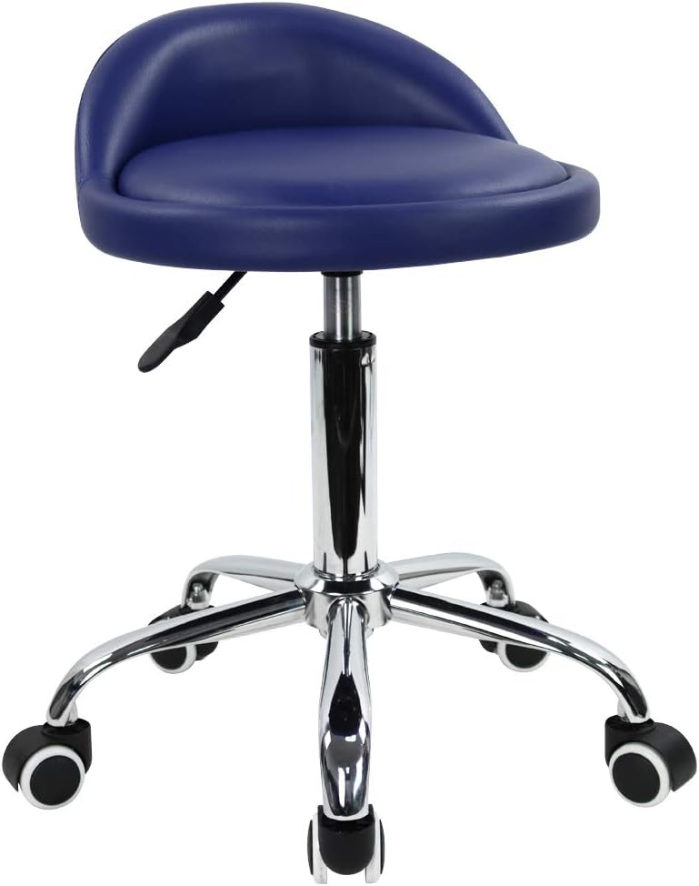KKTONER PU Leather Round Rolling Stool with Back Rest Blue 360 Swivel 46-62cm