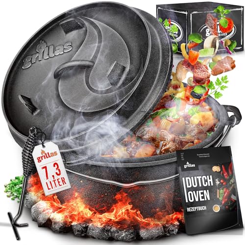 grillas Dutch Oven Set inkl. Rezeptideen | bereits eingebrannt - preseasoned | Feuertopf Gusseisen I Bräter mit Deckelheber und Henkel (Topf mit Füße,