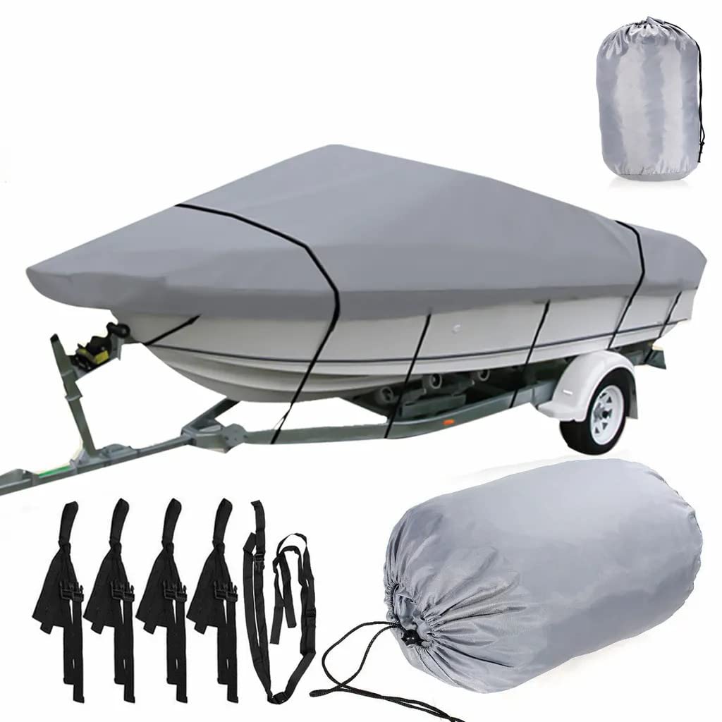 Schleuder Boat Cover Heavy Duty 420D Waterproof Canvas Trailable Waterproof Boat Cover, Fits V-Hull Tri-Hull Runabout Boat Cover (11-13FT-V)