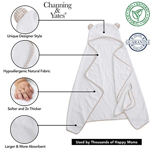 Premium Hooded Baby Towel + (6 Piece) Washcloth Gift Bundle - Organic Bamboo Baby Towels - Thick & Soft - Baby Towel and 6 Washcloth Baby Shower Gift Set - (Unisex Beige Gingham Bundle)