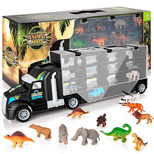KIDWILL Dinosaurier Transporter Truck LKW, Dinosaurier Transportwagen mit 6 Dinosaurier Spielzeug / 6 Tierspielzeug…