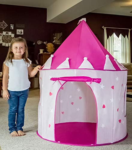FoxPrint-Princess-Castle-Play-Tent-with-Glow-in-The-Dark-Stars-Conveniently-Folds-in-to-A-Carrying-Case-Your-Kids-Will-Enjoy-This-Foldable-Pop-Up-Pink-Play-TentHouse-Toy-for-Indoor-Outdoor-Use