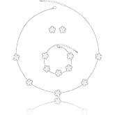 Qinpan Five Leaf Clover Necklace Bracelet and Stud Set for Women Lucky Flower Gold Plated Jewelry