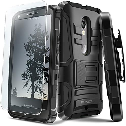 Evocel DROID MAXX 2 Case [Generation Series] Rugged Holster [Kickstand &amp; Belt Swivel Clip] + HD Screen Protector For DROID Maxx 2 XT1565/ Moto X Play (2015 Release), Black (EVO-MOTXT1565-AB201)