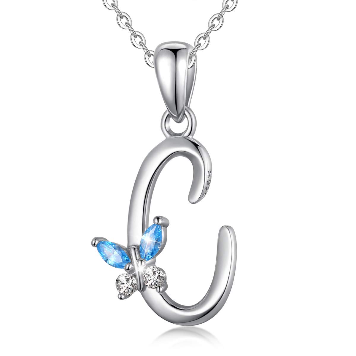 EUDORA Initial Butterfly Necklace 925 Sterling Silver C Alphabet Letter Personalised Pendant Necklaces with Blue Cubic-Zirconia Gifts for Women Ladies Mother's day, 18 inches Chain — image 1