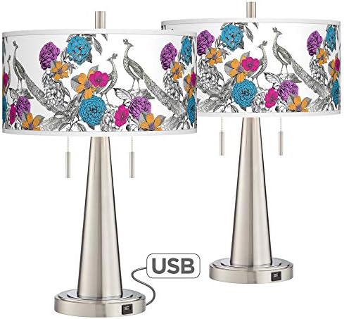 Peacocks in The Garden I Vicki Nickel USB Table Lamps Set of 2