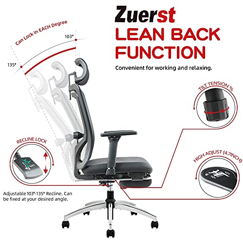 ZUERST Ergonomic Office Chair with Footrest Support Adjustable Mesh