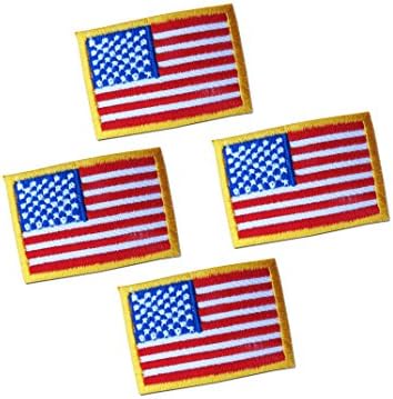 4 Pc Quality Gold Yellow Border Full Color Blue White Red USA American National Flag Logo Small Sew Iron on - Shirt, Hat Decorative Embroidered Appliques Patch By eKoi