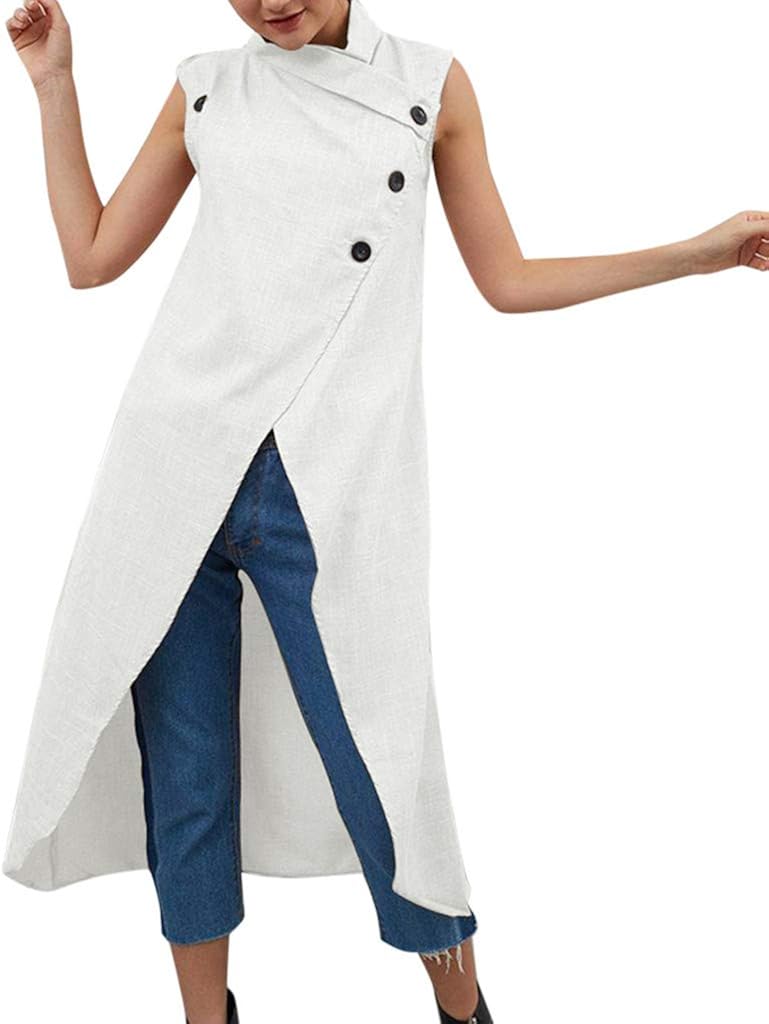 Aniywn Women's Solid Color Split Cotton Linen Maxi Dress Loose Sleeveless Casual Button Dresses