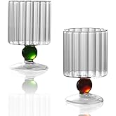 Weinning Beinny Ribbed Vintage Wine Glasses Set of 2, 7.1oz Ball-Shaped Base Goblet for Cocktails, Wine&Martini, Cute Handmade Drinking Glassware, Gift for Couples & Wedding (Red &Green).
