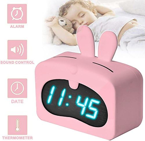 LED Alarm Clock, Synmila Sound Control Digital Desk Clock with USB for Bedroom Office Display Date Indoor Temperature, Snooze Dual Alarm with Removable Rabbit Soft Silicon Cover for Kids Girls (Pink)