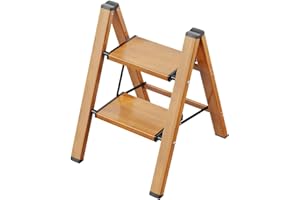 GameGem 2 Step Ladder, Aluminum Folding Step Stool with Anti-Slip Sturdy and Wide Pedal, Lightweight Portable Multi-Use Stepladder for Home and Kitchen Use Space Saving, Woodgrain, 330 lbs