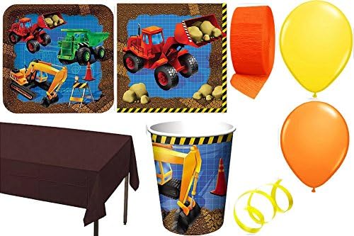 Under Construction Party Supplies for 16 - Table Cover, Cups, Napkins, Plates, Curling Ribbon, Streamer & Balloons - This Bundle Has 61 Pieces