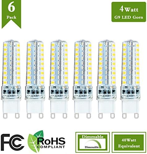 (Pack of 6)4 Watt LED G9 Dimmable Light Bulb Replacement 40 Watt Halogen Bulbs, 4000K Natural White 120 Volt 400 Lumens 360 Degree G9 Base LED Light Bulb
