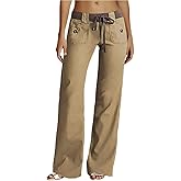 Flamingals Low Rise Cargo Wide Leg Pants for Women Drawstring Flap Pockets Y2K Bow Tie Casual Flare Pants