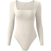 LNSK Women's Sexy Bodysuit Long Sleeve Square Neck Ribbed Fashion Fitted Bodysuits for Women