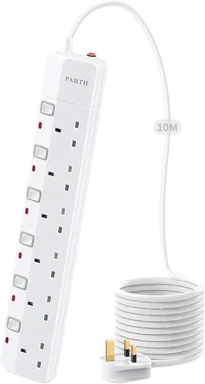 PARTH Surge Protected Extension Lead 10m 6 Socket with Switches UKCA BS1363A