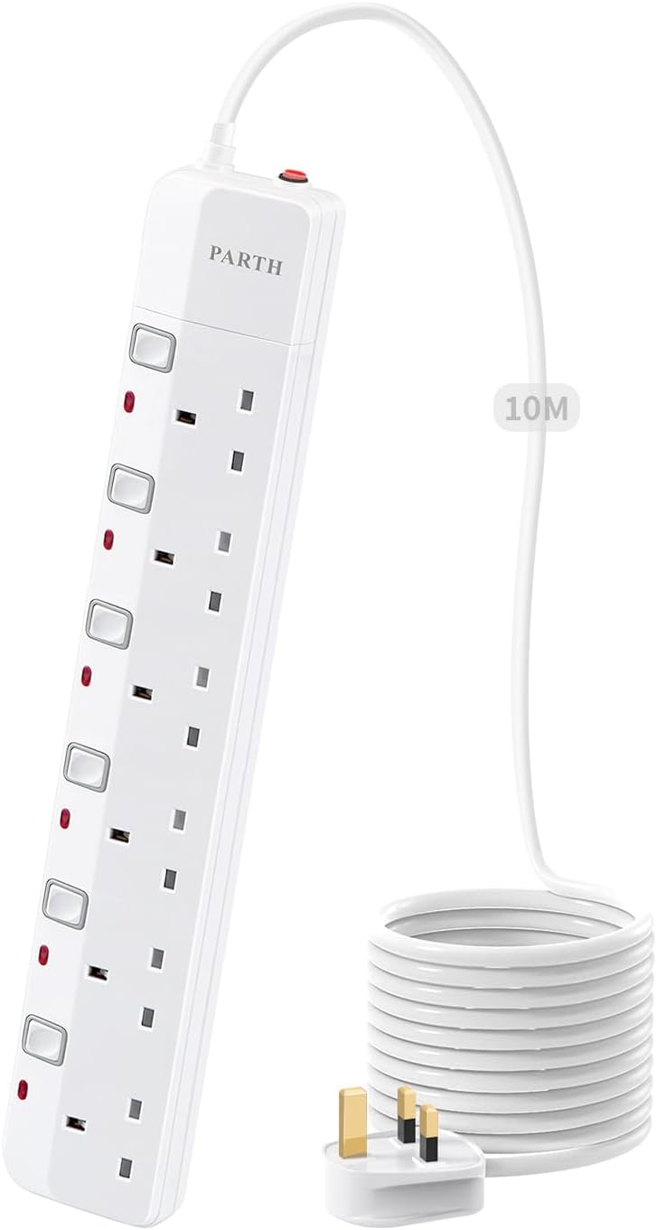 PARTH Surge Protected Extension Lead 10m 6 Socket with Switches UKCA BS1363A