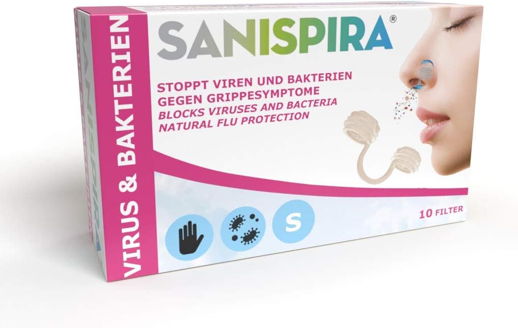SANISPIRA Anti-Virus & Bacteria Nasal Filter Protection Against flu infections, Virus and Bacteria Protection - Patented 360° Filter System - disinfects Breathing air - Transparent Silicone - Size S
