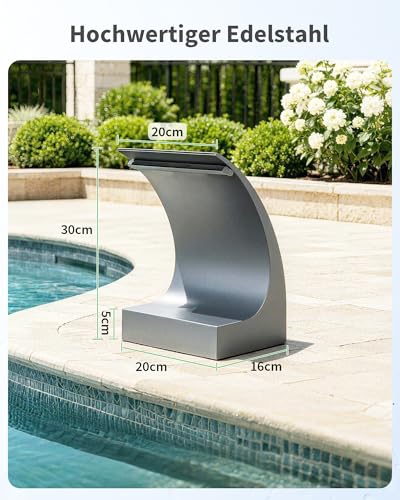 POPOSOAP 200C Pond Waterfall Overflow Kit, 20cm Stainless Steel Outlet, 4500L/H Pond Pump with LED Lights, All-in-One for Garden Ponds, Pools & Compact Backyards