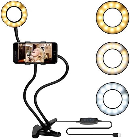 Bidafun Ring Light with Cell Phone Holder for Live Stream Dimmable 3-Light Mode 10 Level Brightness Clamp on Gooseneck Mount with Selfie Ring Light for Youtube Facebook iphone 6 7 8 x plus Samsung HTC