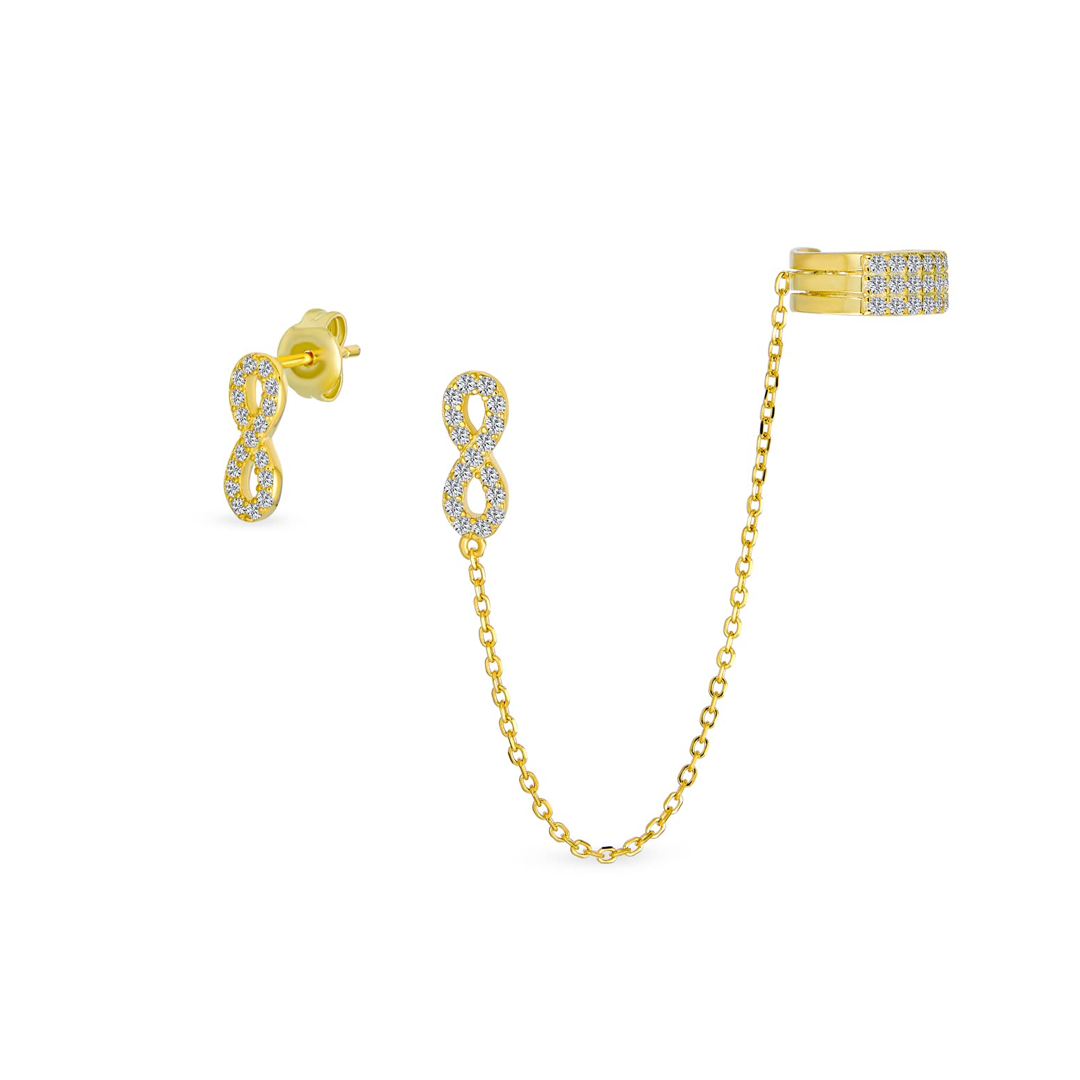 Love Symbol Chain Cartilage Ear Cuff Wrap Infinity Earring Pave CZ Stud Helix Earring Stud Set For Women Yellow Gold Plated .925 Sterling Silver