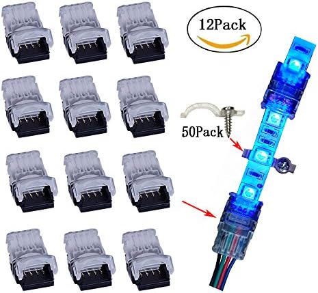SPACE 4 Pin LED Connector for Waterproof 5050 LED Strip Light- Strip to Wire Quick Connection (Kit: 12Pcs 4-Pin Strip to Wire Connectors + 50Pcs Mounting Brackets)