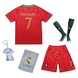 KID BOX 2018 Portugal Cristiano Ronaldo #7 Home Red Kids Soccer Football Jersey Gift Set Youth Sizes (Red (2018), 11-12 Years)