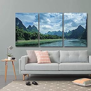 3 Panel Canvas Wall Art - Mountain Landscape with Green Plants and Clear River - Giclee Print Gallery Wrap Modern Home Art Ready to Hang - 16"x24" x 3 Panels