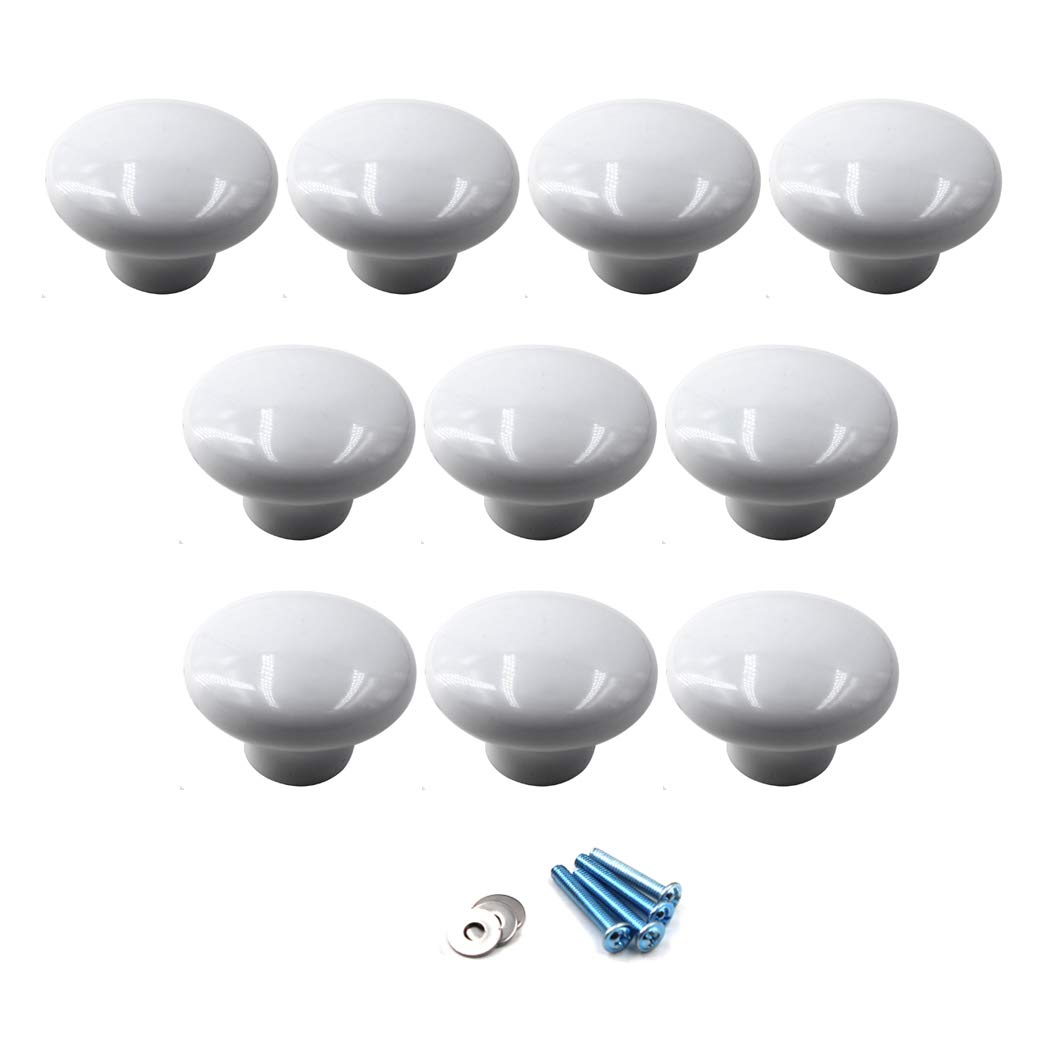 Flomore White Ceramic Round Knobs Cabinet Knob Handle Pull for Kids' Room Dresser Drawers (Pack of 10 Screws Included)
