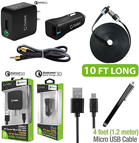 PageComm 6 pc Quick Charge USB Type C Kit for Kyocera DuraForce Pro. Comes with Quick car charger, Quick House Charger, 3ft cable, 10ft cable, Aux Cable and Stylus Pen