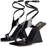 Zszszsu Women's Square Toe Strappy Sandals Ankle Wrap Straps with Adjustable Buckle Wedge High Heels Evening Party Stylish Shoes Size 4-16