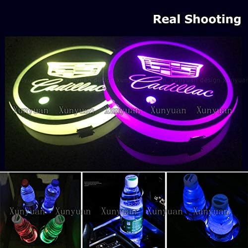 Xunyuan 2 pcs LED Car Logo Cup Holder Lights Coaster USB Charging 7 Colors Changing Auto Luminescent Cup Pad LED Interior Atmosphere Lamp Decoration Lights Accessories (Cadi.llac)