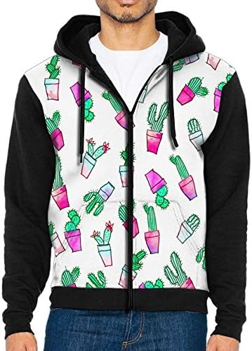 Joapron Cute Cactus Men's Zipper Splicing Overcoat Belt Hat and Pocket S