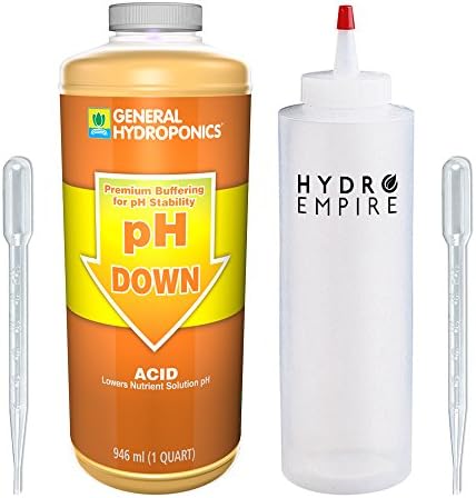 General Hydroponics PH Down Quart (32oz) Water Tester Solution Includes Hydro Empire Squeeze Bottle and 2 Pipettes. Calibration to Lower pH Balance Acid Nutrients and Fertilizer Liquid Garden Use GH