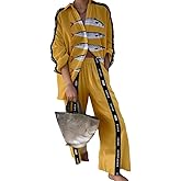 Akivide Womens Beach Vacation 2 Piece Outfits Long Sleeve Button Down Shirts and Matching Drawstring Waist Pants Summer Sets