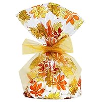 Saybrook Products Fall Autumn Leaves/Thanksgiving Cellophane Treat/Party Favor Bags with Gold Twist-Tie Organza Bow. Set of 10 Gussetted 11x5x3 Goodie Bags with Bows