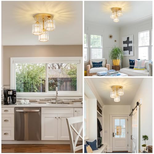 Rayofly Modern Crystal Chandelier, 3 Light Fixture with Glass Shade, Modern Ceiling Light Fixture for Living Room, Bedroom, Kitchen, Hallway, Bathroom (Matte Gold)